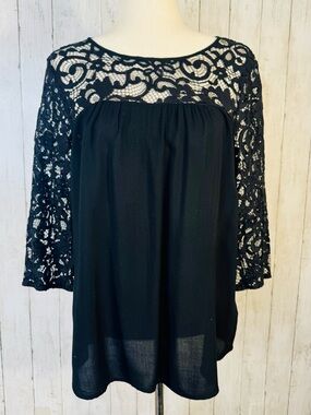 Old Navy | Black Lace Sleeve Blouse | Romantic Sheer Crochet Lace Top |Medium